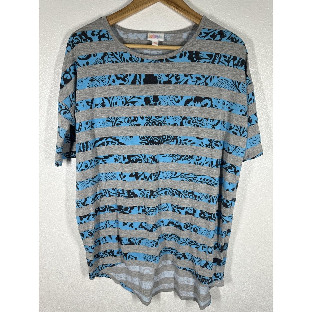 LuLaRoe Shirt Womens XS Gray Blue Stripe Floral Scoop Neck Jersey Tunic Top